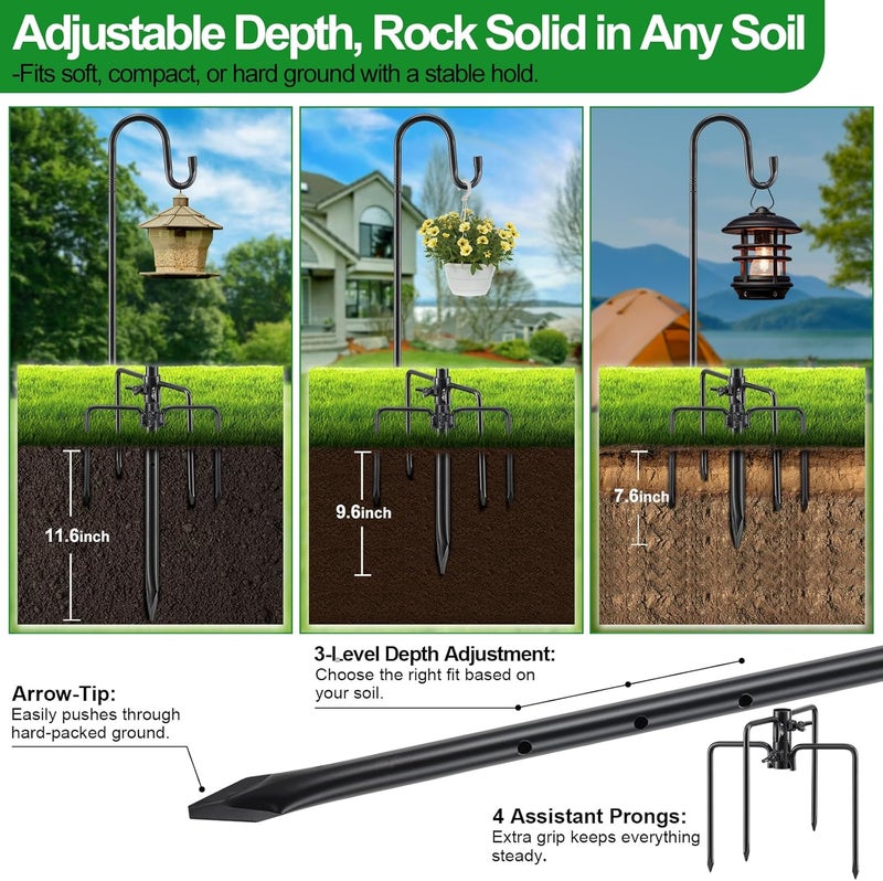 LAKEROD 92" Tall Bird Feeder Pole with Shepherds Hook - Heavy Duty Rustproof Stand for Hummingbird Feeders,Wind Chimes,String Lights - Outdoor Garden Decor Hanger, Black - Image 2